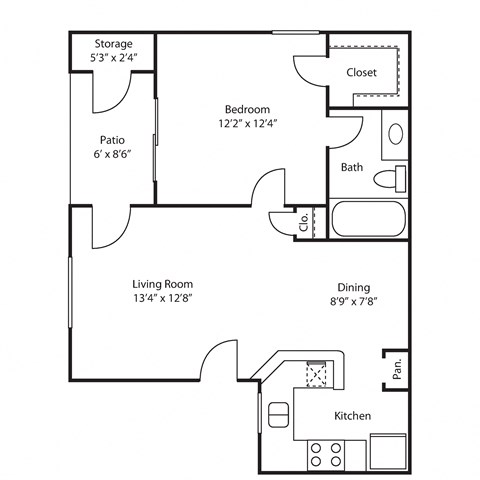 Floor plan for 1 bed, 1 bath, 625 sqft